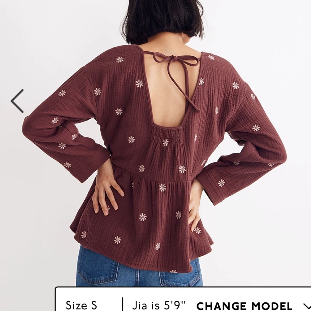 Madewell Embroidered Lightspun Peplum Open-Back Top